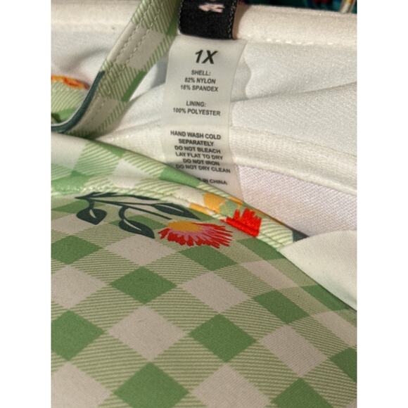 Unique Vintage Retro Green Gingham Floral Push Up UW Swim Bikini Top 1X NWOT - Picture 3 of 4